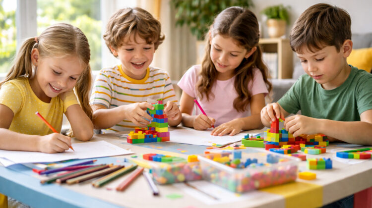 copii desenând și construind la o masă colorată