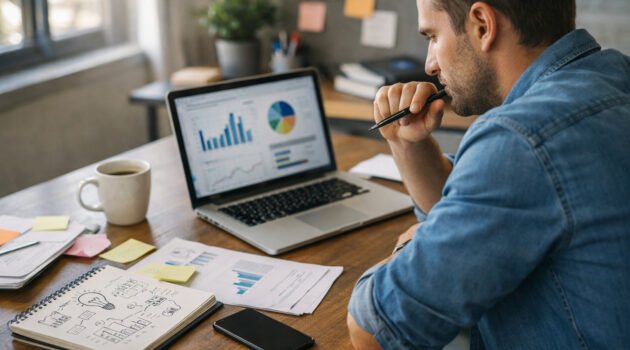 Antreprenor analizând idei și grafice pentru alegerea unui domeniu de afaceri