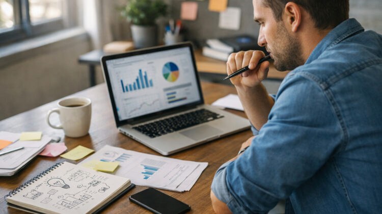 Antreprenor analizând idei și grafice pentru alegerea unui domeniu de afaceri