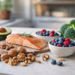 Alimente sănătoase pentru creier: somon, nuci, avocado și fructe de pădure pe o masă de bucătărie