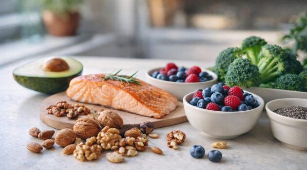 Alimente sănătoase pentru creier: somon, nuci, avocado și fructe de pădure pe o masă de bucătărie