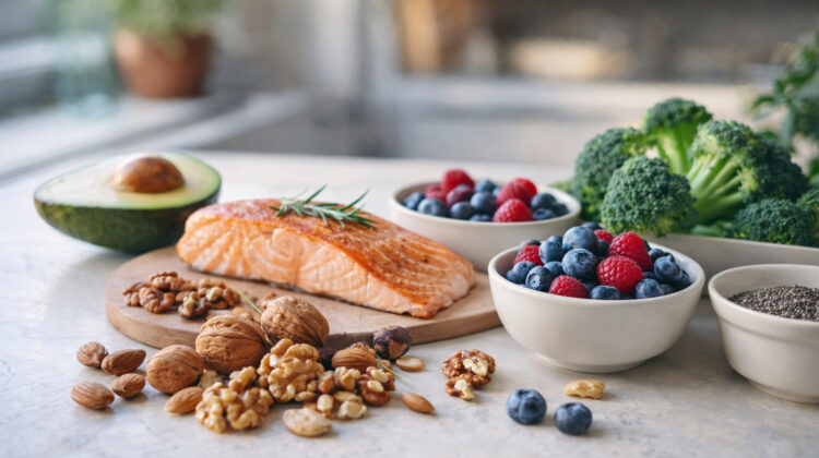 Alimente sănătoase pentru creier: somon, nuci, avocado și fructe de pădure pe o masă de bucătărie