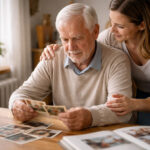 Persoana in varsta privind fotografii vechi alaturi de un membru al familiei, ilustrand sprijinul in cazul Alzheimer