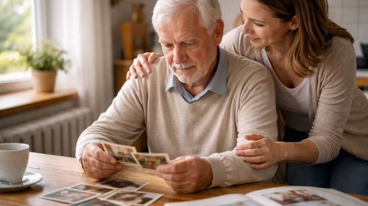 Persoana in varsta privind fotografii vechi alaturi de un membru al familiei, ilustrand sprijinul in cazul Alzheimer
