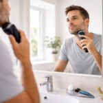 bărbat care se rade în baie cu aparat electric și lamă