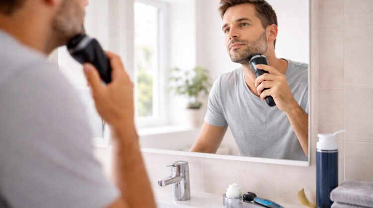 bărbat care se rade în baie cu aparat electric și lamă