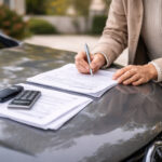 persoană analizând documente de asigurare auto lângă mașină