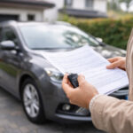 persoană verificând documente de asigurare CASCO lângă mașină