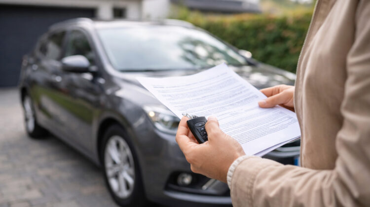 persoană verificând documente de asigurare CASCO lângă mașină