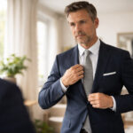 bărbat elegant ajustându-și sacoul în fața oglinzii