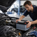 mecanic auto verificând bateria unei mașini în service