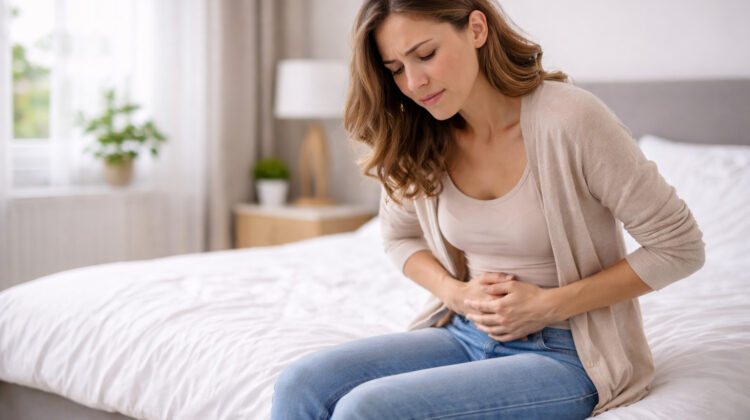 femeie cu disconfort abdominal într-un dormitor luminos