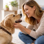 persoană vorbind și interacționând cu un câine acasă