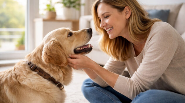 persoană vorbind și interacționând cu un câine acasă