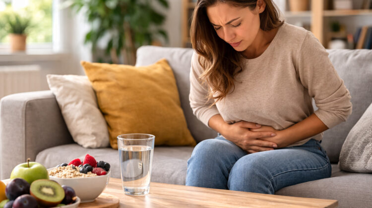 Persoana cu disconfort abdominal in living, sugestiv pentru constipatie