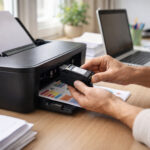 persoană instalând cartuș original într-o imprimantă