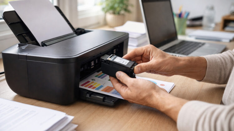 persoană instalând cartuș original într-o imprimantă
