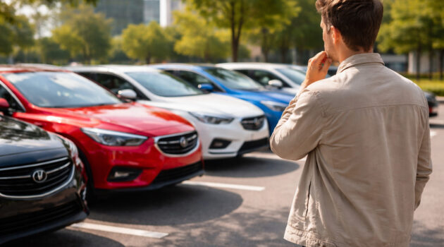 Masini moderne colorate parcate intr-o parcare urbana