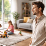 Parinte privind pe fereastra in timp ce copiii se joaca