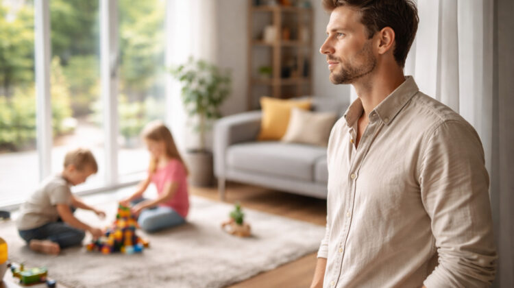 Parinte privind pe fereastra in timp ce copiii se joaca