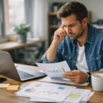 Antreprenor analizând documente și grafice pe laptop la birou