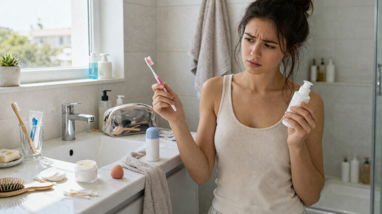 Persoană în baie confuză în rutina de igienă zilnică