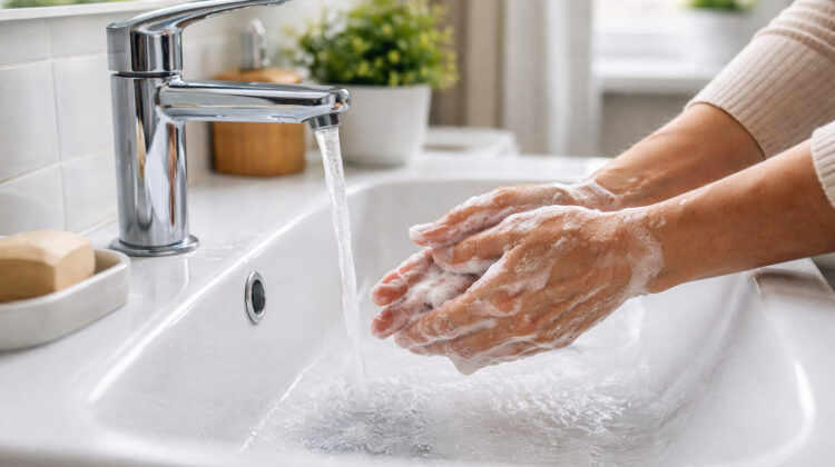 persoană spălându-se pe mâini cu săpun la chiuvetă
