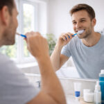 persoană care se spală pe dinți în baie