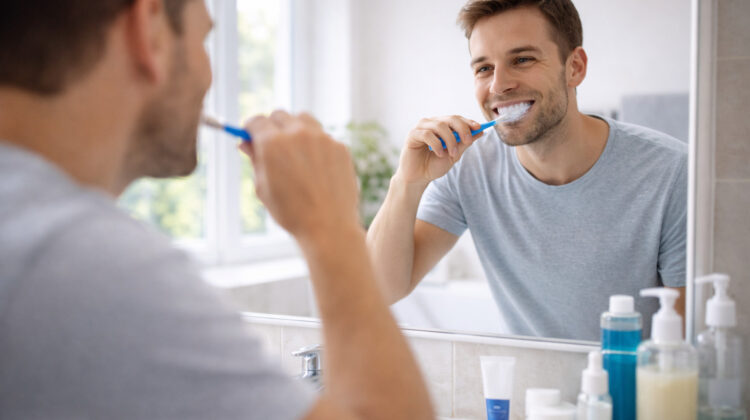 persoană care se spală pe dinți în baie