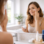 femeie aplicând produse cosmetice în rutina zilnică