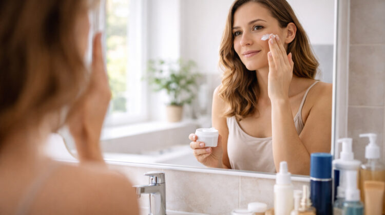 femeie aplicând produse cosmetice în rutina zilnică
