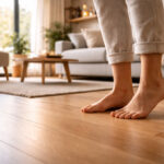 persoană stând desculță pe podea încălzită într-un living