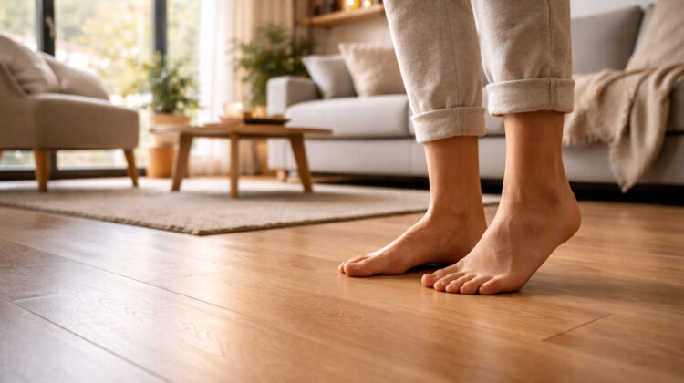 persoană stând desculță pe podea încălzită într-un living