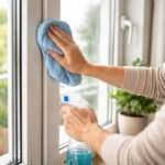 persoană curățând o fereastră termopan într-un apartament