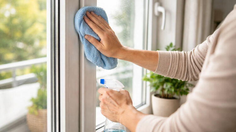 persoană curățând o fereastră termopan într-un apartament