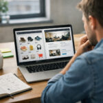 Antreprenor analizând opțiuni de website pe laptop la birou