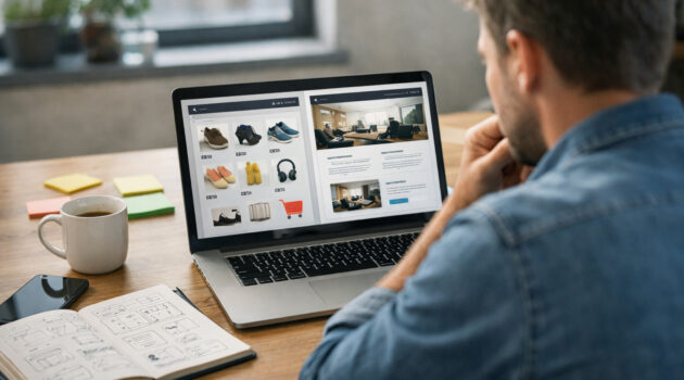 Antreprenor analizând opțiuni de website pe laptop la birou