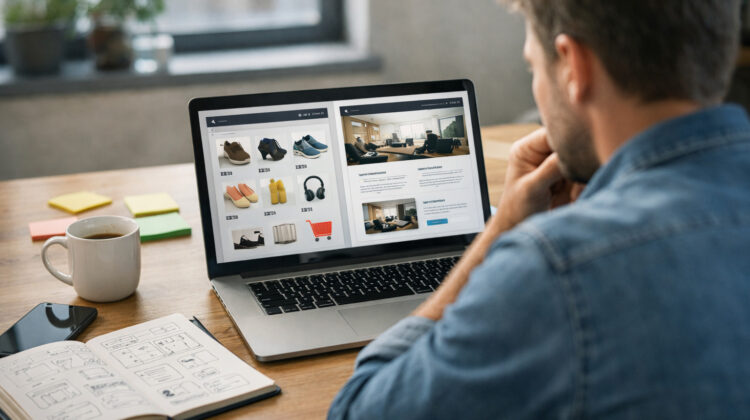 Antreprenor analizând opțiuni de website pe laptop la birou