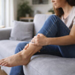 Persoană ținându-și piciorul, sugerând disconfort și picioare grele
