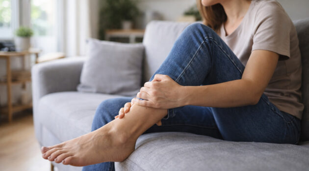 Persoană ținându-și piciorul, sugerând disconfort și picioare grele