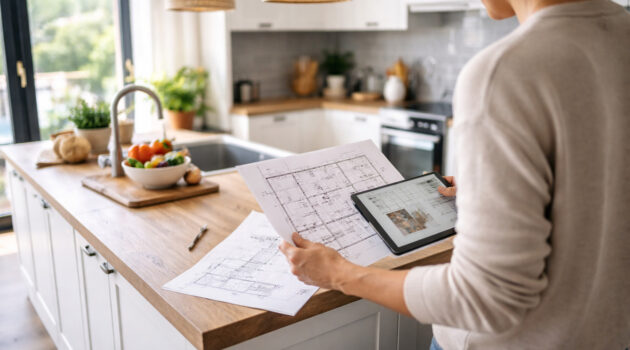 persoană planificând designul unei bucătării moderne