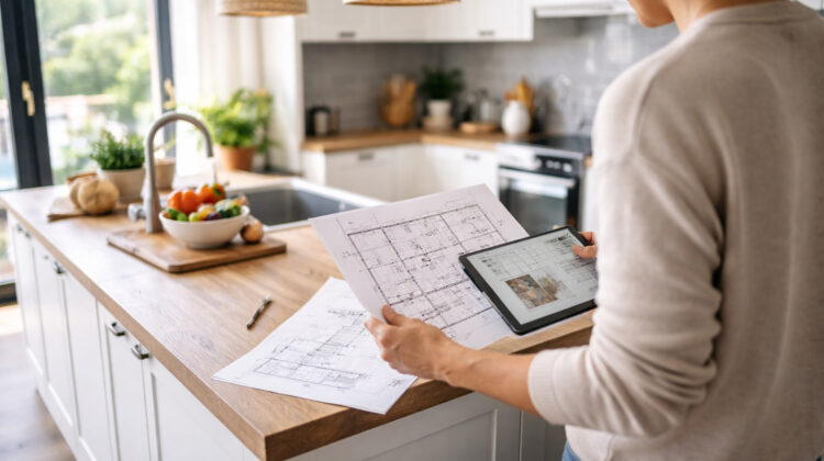 persoană planificând designul unei bucătării moderne