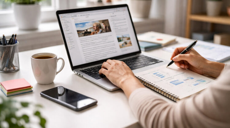 Persoana scriind un articol pe laptop intr-un birou modern