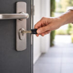 persoană închizând ușa casei cu o încuietoare sigură