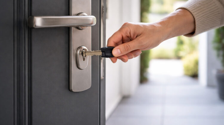 persoană închizând ușa casei cu o încuietoare sigură