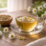 Ceasca de ceai de musetel cu flori proaspete pe masa din lemn