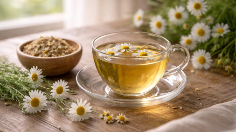 Ceasca de ceai de musetel cu flori proaspete pe masa din lemn