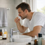 Persoană în baie făcând igienă orală și îngrijire piele