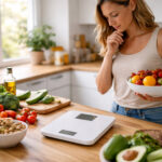 Persoana analizand un cantar si alimente sanatoase intr-o bucatarie luminoasa