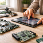 Tableta folosita pe birou langa componente electronice